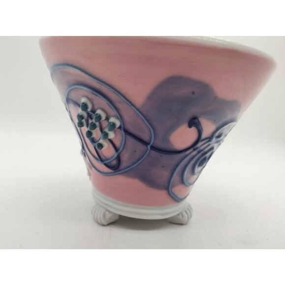 Studio Pottery Signed Hiulmm Abstract Footed Coffee Mug Pink Raised Relief - Picture 2 of 7